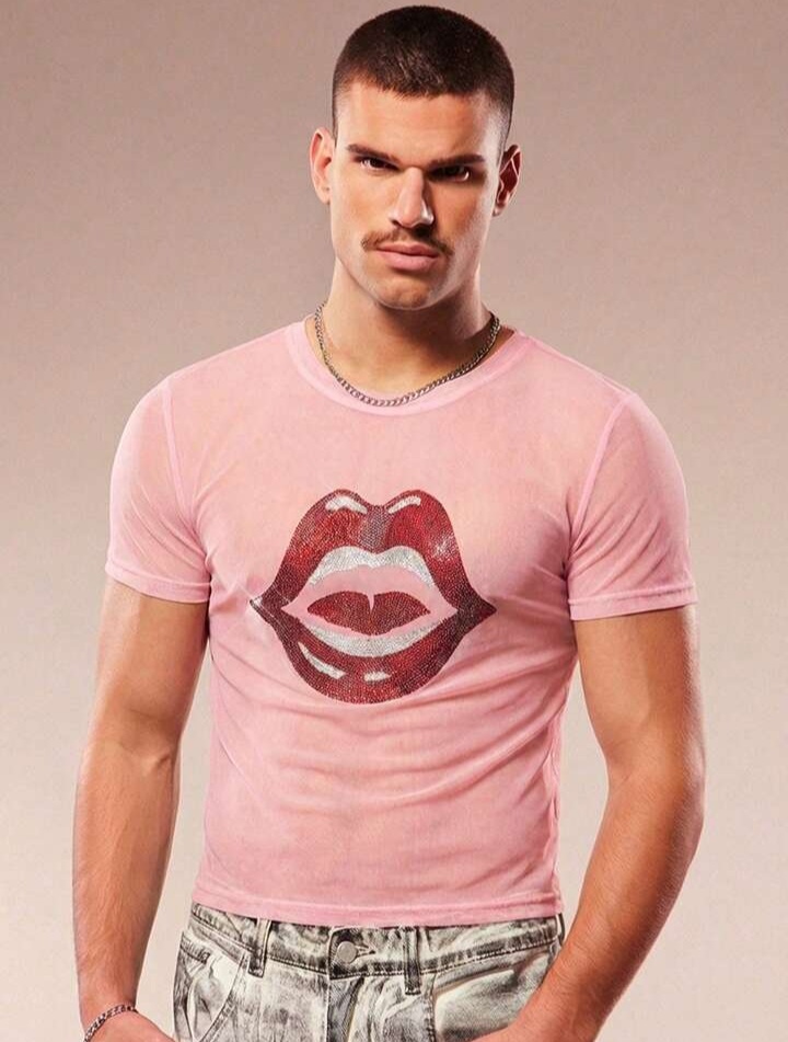 Men's Rhinestone Lip Print Round Neck Short Sleeve T-Shirt